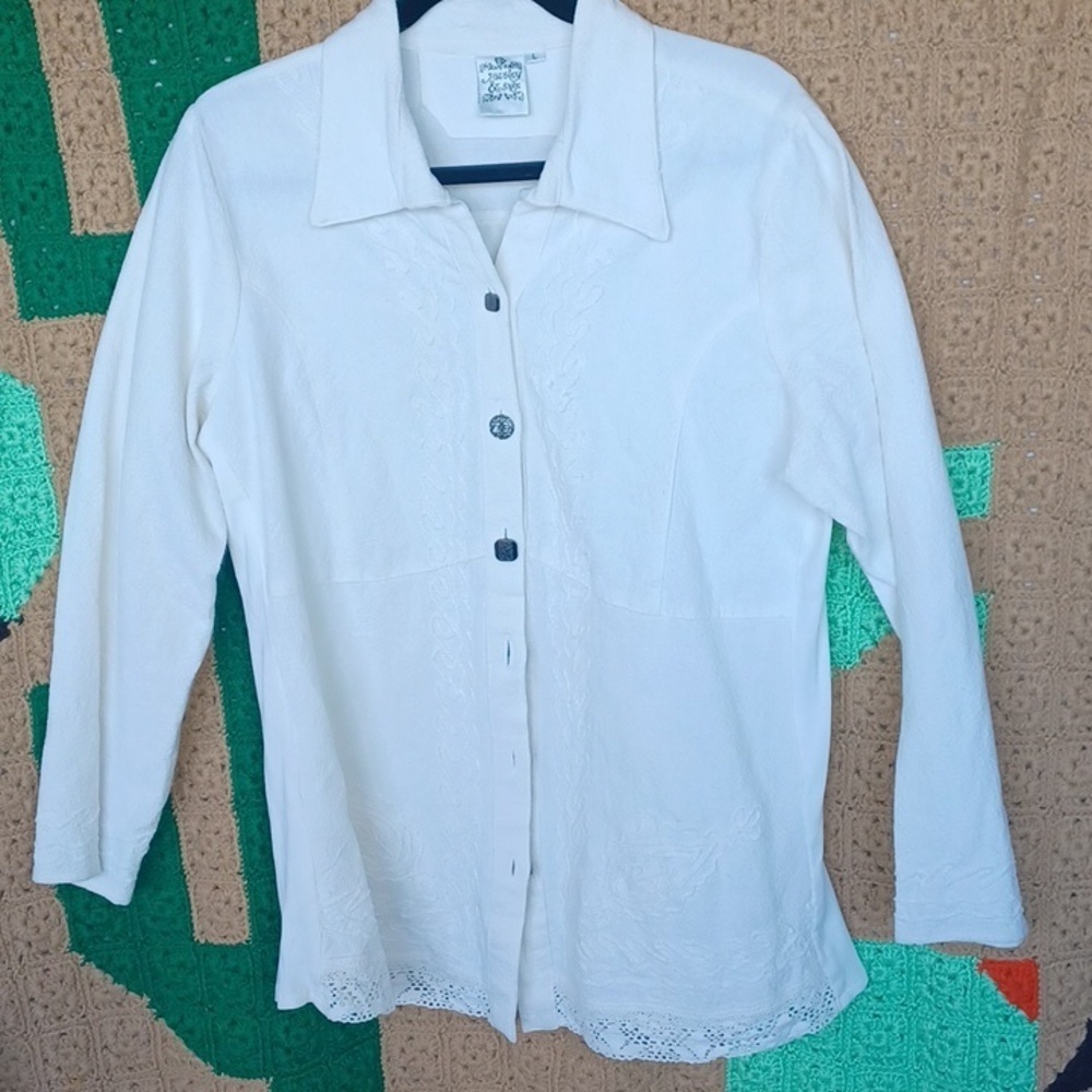 Parsley & Sage Ivory/Cream Embroidered Top, Sz L, 22" PTP, 29"L